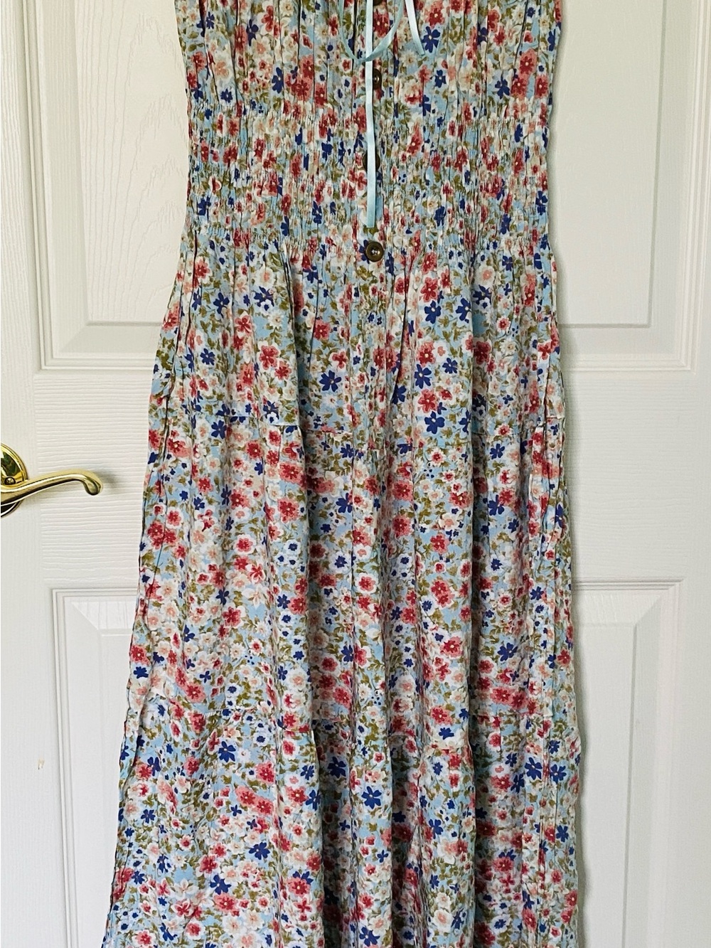 New Ostoo Floral Button-Front Sundress in Light Blue, Red, Green